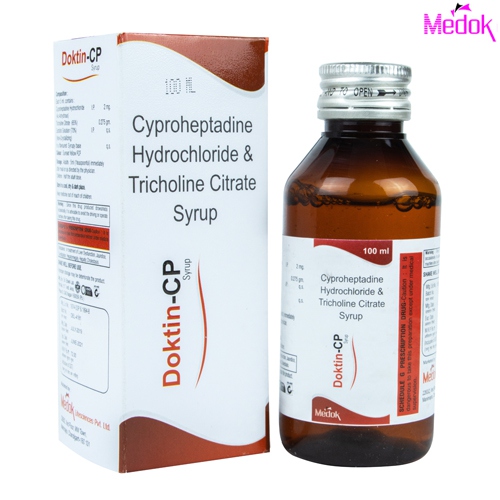 Product Name: Doktin CP, Compositions of Doktin CP are Cyproheptadine hydrochloride & tricholine citrate syrup - Medok Life Sciences Pvt. Ltd