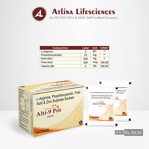Product Name: Alti 9 Pro, Compositions of Alti 9 Pro are L-Arginine,Proanthocyanidin,Folic Acid & Zinc Sulphate Sachet - Atlina LifeSciences Private Limited