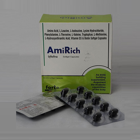 Product Name: Amirich, Compositions of Amirich are Amino Acid,L-Leucine,L-Isoleucine,Lycine Hydrochloride,Phenylamine,L-Theromine,L-Valeine,Tryphoban,L-Methlonine,L-Hydroxyathramillic Acid,Vitamin D3 & Biotin Softgel Capsules - Zegchem