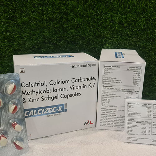 Product Name: Calcizec K, Compositions of Calcizec K are Calcitrol,Calcium Carbonate,Methylcobalamin,Vitamin K27 Zinc Softgel Capsules - Medizec Laboratories