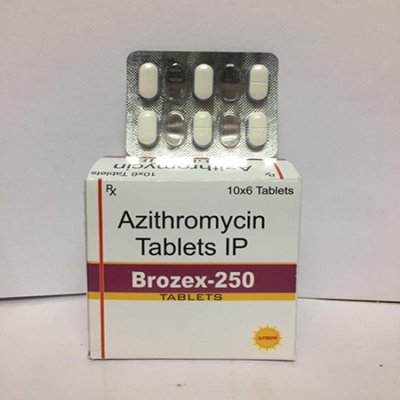 Product Name: Brozex 250, Compositions of Brozex 250 are Azithromycin Tablets IP - Apikos Pharma