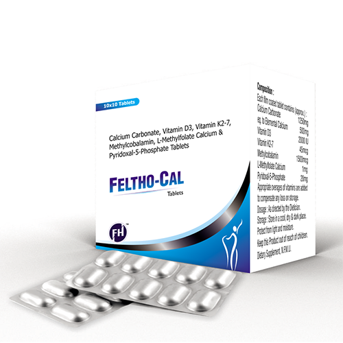 Product Name: Feltho Cal, Compositions of Feltho Cal are Calcium Carbonate,Vitamin D3 ,Vitamin K27,Methylcobalamin,L-Methylfolate Calcium & Pyridoxal S-Phosphate Tablets - Felthon Healthcare