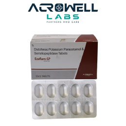 Product Name: Ezaflam SP, Compositions of Ezaflam SP are Diclofenac Potassium Paracetamol and Serratipeptidase Tablets - Acrowell Labs Private Limited