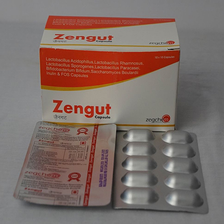 Product Name: Zengut, Compositions of Zengut are Lactobacillus Acidophillius,Lactobacillus Rhamnosus Lactobacillus Sporogonos,Lactobacillus Paracetamol,Bifidobacterium Bifidum,Saccharomyces Baulardil Inulin & FOS Capsules - Zegchem