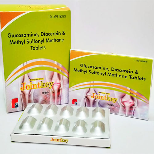 Product Name: Jointkey, Compositions of Jointkey are Glucosamine, Diacerein & Methyl Sulfonyl Methane - Healthkey Life Science Private Limited