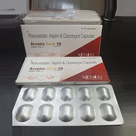 Product Name: Arvatin Gold 20, Compositions of Arvatin Gold 20 are Rosuvastatin,Aspirin & Clopidogrel Capsules - Xenon Pharma Pvt. Ltd