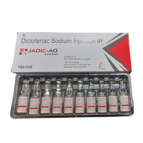 Product Name: JadicAQ, Compositions of JadicAQ are Diclofenac Sodium Injection IP - Jecks Pharma