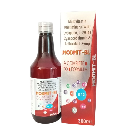 Product Name: MODMIT BL, Compositions of MODMIT BL are Multivitamin Multimineral With Lycopene, L-Lysine Cyanocobalamin & Antioxidant Syrup - Medlo Biotech