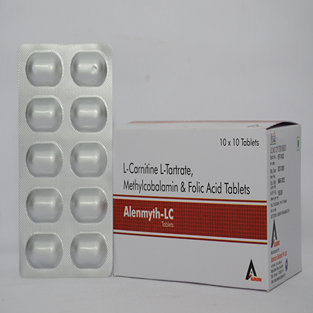 Product Name: ALENMYTH LC, Compositions of ALENMYTH LC are L-Carnitine L-Tartrate, Methylcobalamin & Folic Acid Tablets - Alencure Biotech Pvt Ltd