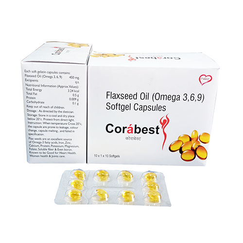 Product Name: Corabest, Compositions of Flaxseed Oil(Omega 3,6,9) Softgel Capsules are Flaxseed Oil(Omega 3,6,9) Softgel Capsules - Arlak Biotech