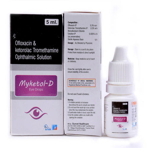 Product Name: Myketol D, Compositions of Myketol D are Ofloxacin Ketorolac Tromethamine Opthalmic Solution - Arlak Biotech