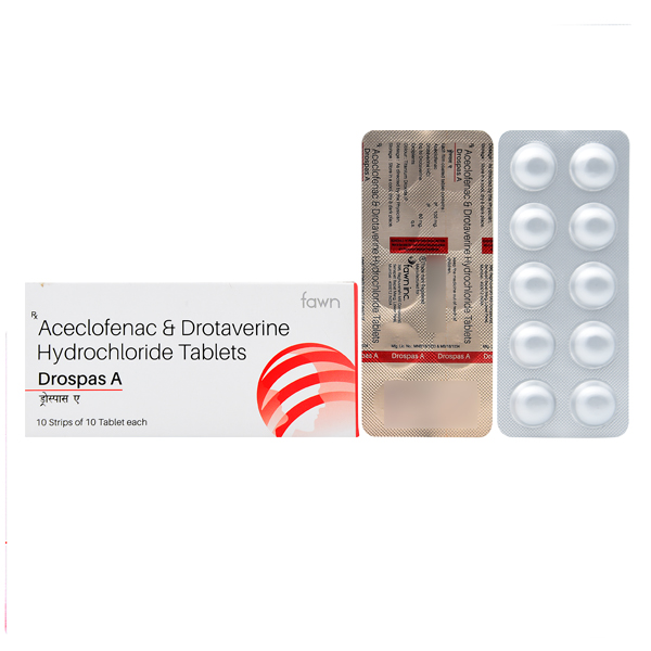 Product Name: DROSPAS A, Compositions of DROSPAS A are Aceclofenac & Drotaverine Hcl (100mg+80mg) - Fawn Incorporation