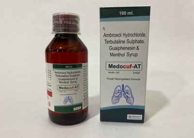 Product Name: Medocuf AT, Compositions of Medocuf AT are Ambroxol hydrochloride15 mg.+Terbutaline sulphat 1.25 mg.+ Guaiphenesin 50 mg. +menthol 1mg syrup with cartoon pack - Medofy Pharmaceutical