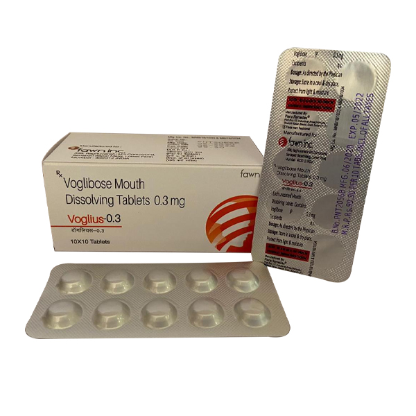 Product Name: VOGLIUS 0.3, Compositions of VOGLIUS 0.3 are Voglibose Mouth Dissolving 0.3 mg - Fawn Incorporation