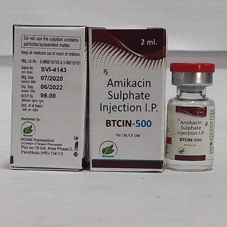 Product Name: Btcin 500, Compositions of Btcin 500 are Amikacin Sulphate Injection I.P. - Biotanic Pharmaceuticals