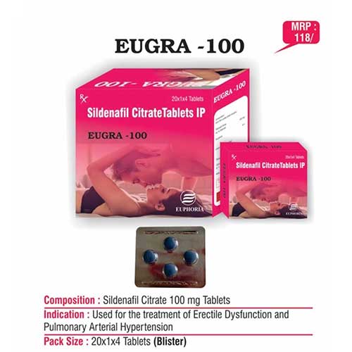 Product Name: Eugra 100, Compositions of Eugra 100 are Slidenafil Citrate Tablets IP - Euphoria India Pharmaceuticals