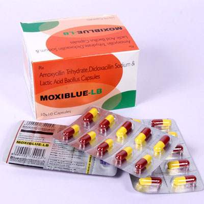 Product Name: Moxiblue lb, Compositions of Moxiblue lb are Amoxycillin Trihydrate, Dicloxacillin sodium & Lactic Acid Bacillius capsules - Bluewaterresearch