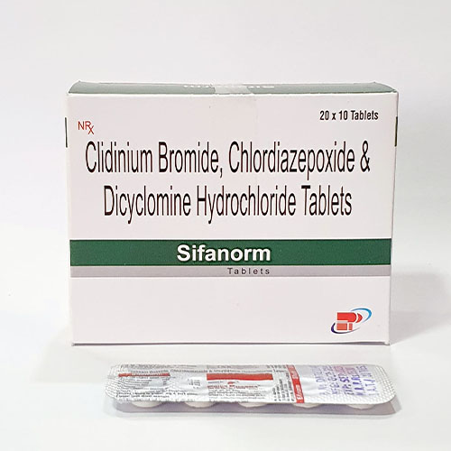 Product Name: Sifanorm, Compositions of Sifanorm are Cidinium Bromide,Chlordiazepoxide & Dicyclomine Hydrochloride Tablets - Pride Pharma
