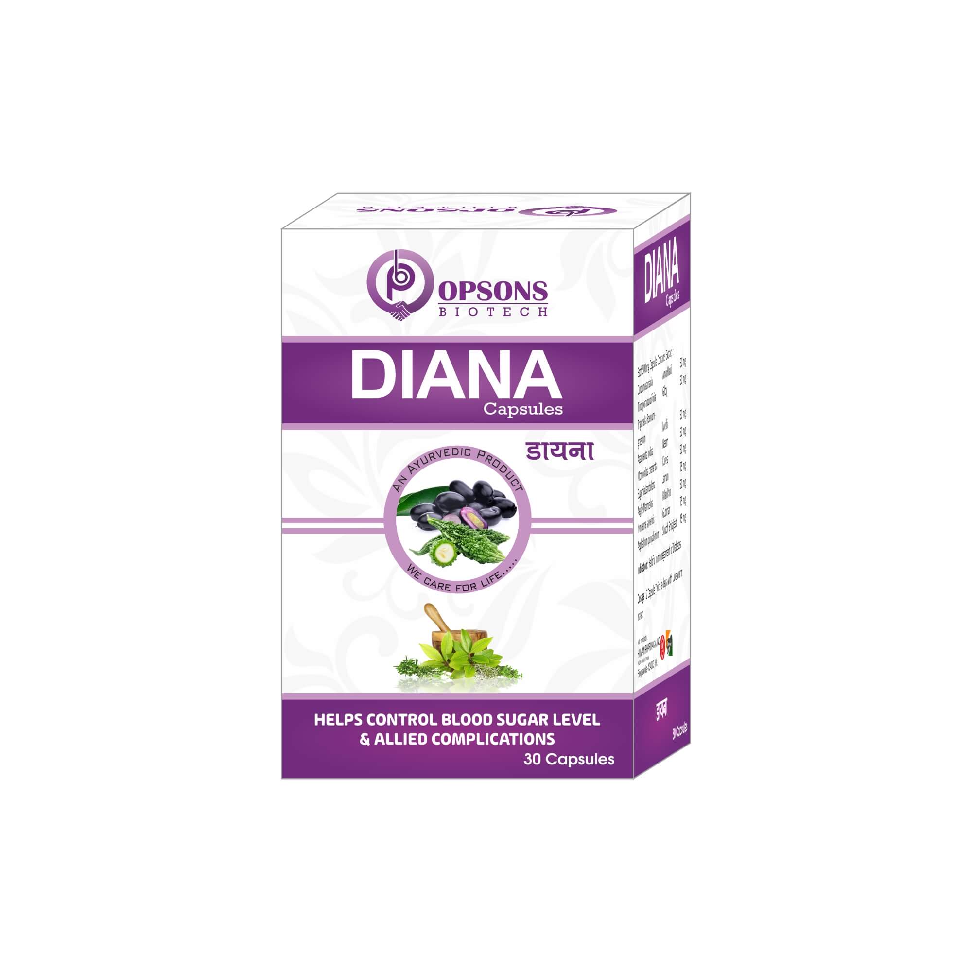Product Name: DIANA, Compositions of DIANA are Helps Control Blood Sugar Level & Allied Complications - Opsons Biotech