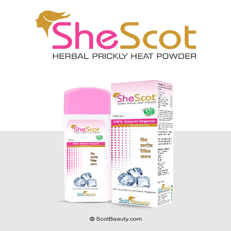 Product Name: Shescot, Compositions of Shescot are Herbal Prickly Heat Powder - Scothuman Lifesciences