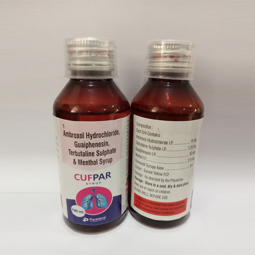 Product Name: Cufpar, Compositions of Cufpar are Ambroxol Hydrochloride, Guaiphensin, Terbutaline Sulphate & Menthol Syrup - Paraskind Healthcare