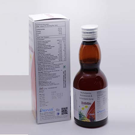 Product Name: Dolvito, Compositions of Dolvito are Multivitamin, Multimineral and antioxidant Syrup - Norvick Lifesciences