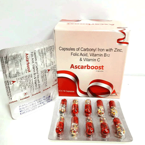 Product Name: Ascarboost, Compositions of Ascarboost are Capsules of Carbony Iron with Zinc Folic acid, Vitamin B12 & Vitamin C - Asterisk Laboratories