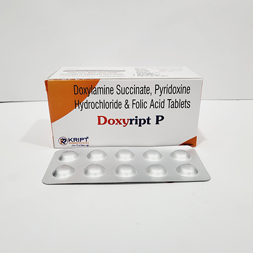 Product Name: Doxyript P, Compositions of Doxyript P are Doxylamine Succinate, Pyridoxine Hydrochloride & Folic Acid Tablets - Kript Pharmaceuticals