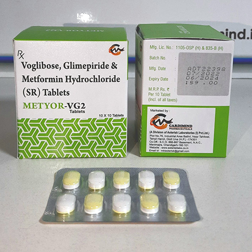Product Name: Metyor VG2, Compositions of Metyor VG2 are Voglibose,Glimepride & Metfortin Hydrochloride (SR) Tablets - Cardimind Pharmaceuticals