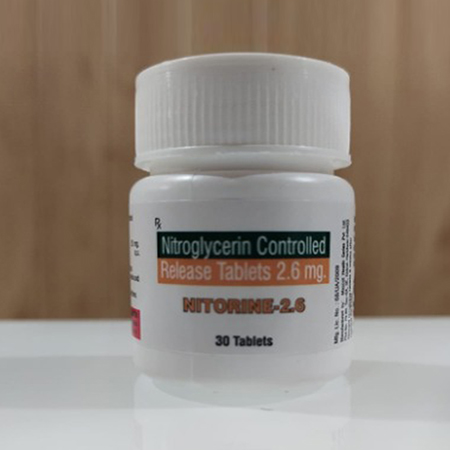 Product Name: NITORINE 2.6, Compositions of NITORINE 2.6 are Nitroglycerin Controlled Release Tablets 2.6mg - Riyadh Pharmaceutical